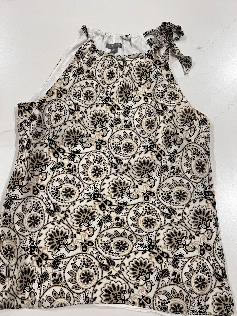 Ann Taylor One-Shoulder Paisley Halter Dress in White, Black and Tan